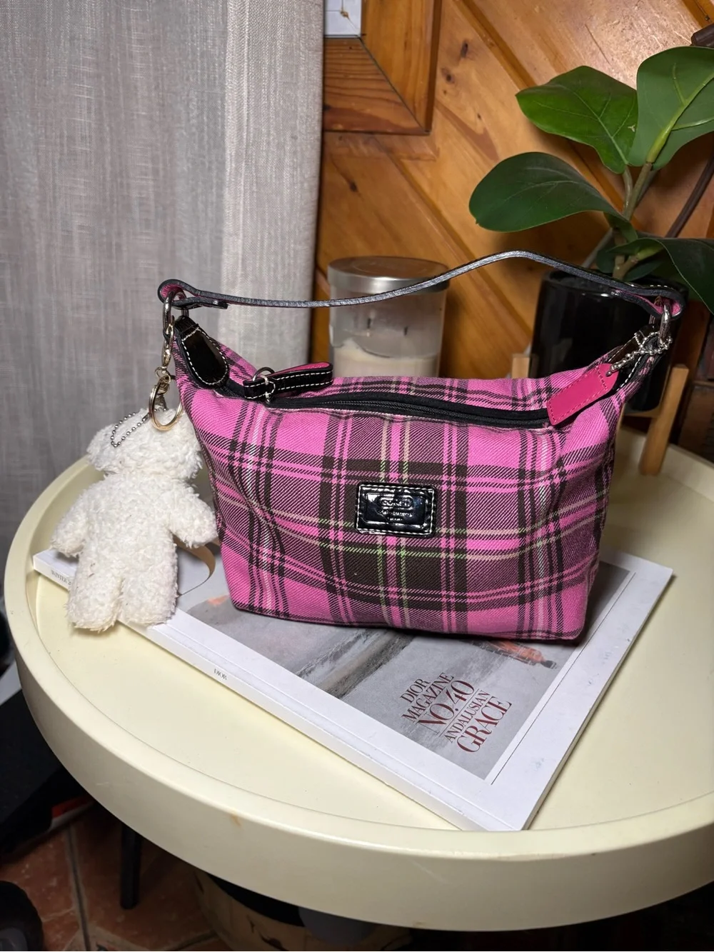 Coach Pink Plaid Mini Shoulder Bag with Teddy Charm